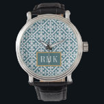 Monogramm | Amadora Blue Pattern Armbanduhr<br><div class="desc">Ein geometrisches Muster,  das in einem trbalen Stil hergestellt wurde. Künstler: Wild Apple Portfolio</div>