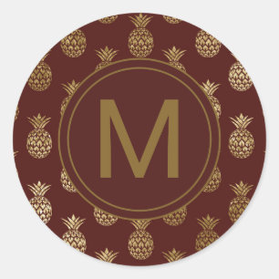 Monogramm Ananas Gold Burgundy Runder Aufkleber