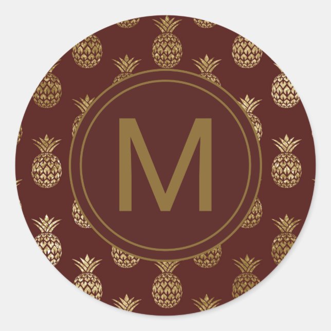 Monogramm | Ananas Gold Burgundy Runder Aufkleber (Vorderseite)