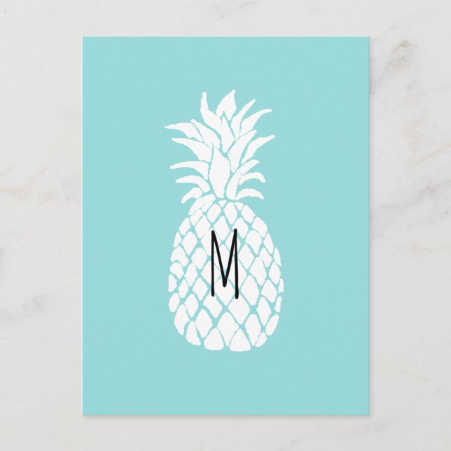 Monogramm Ananas, grafisch weiß auf Pastellblu Postkarte (Vorderseite)