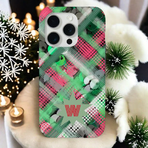 Monogramm-Anfangs-Buchstabe Karo Tartan rot grün f iPhone 15 Pro Hülle