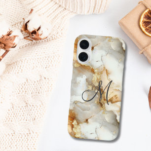 Monogramm Anfangs Gold Grau Weiß Marmor Wasserfarb iPhone 16 Hülle