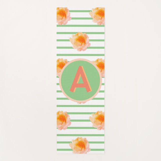 Monogramm Anfangsblatt Floral Streifen Grüner weiß Yogamatte (Vorderseite)