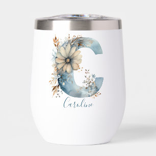 Monogramm Anfangsbuchstabe C Blau Floral Aquarell 