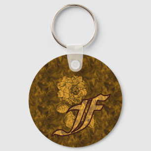 Monogramm Anfangsbuchstabe F Gold-Pfingstrose-Blum Schlüsselanhänger