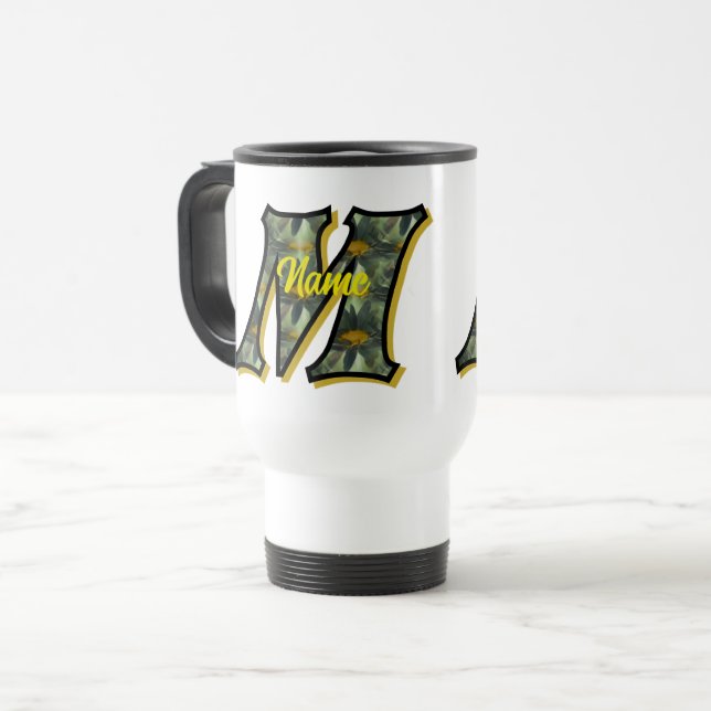 Monogramm Anfangsbuchstabe M Gänseblümchen Florale Reisebecher (Vorderseite Links)