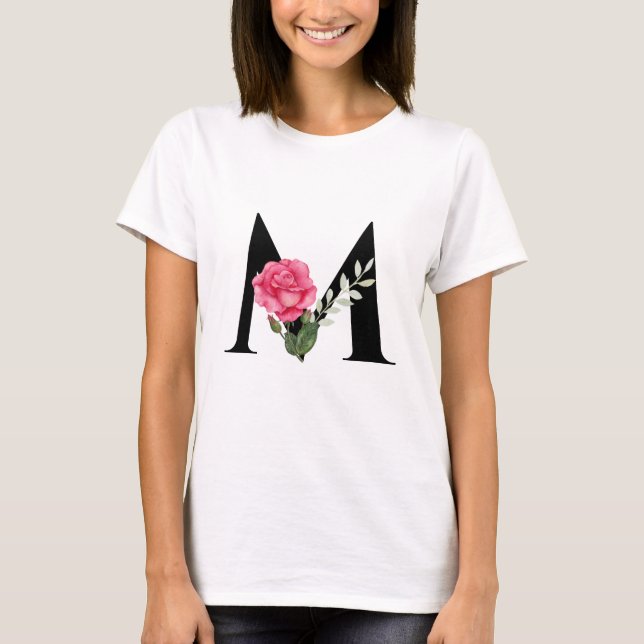 Monogramm Anfangsbuchstabe M in Schwarz mit rosa R T-Shirt (Vorderseite)