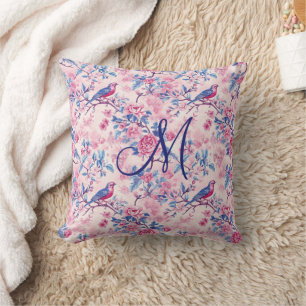 Monogramm-Anfangsbuchstabe Rosa Blau Toile Blumen  Kissen