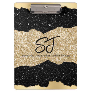 Monogramm-Anfangsbuchstaben auf schwarzem und gold Klemmbrett