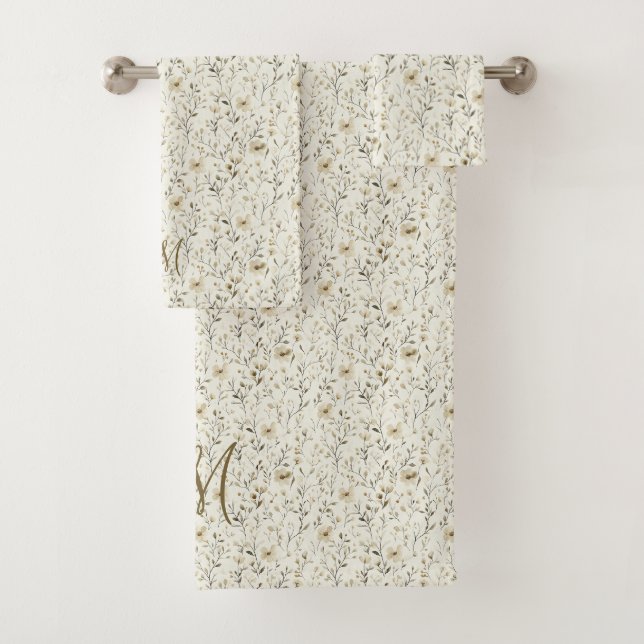 Monogramm Anfangsbuchstaben Neutral Boho Blumen Bo Badhandtuch Set (Insitu)