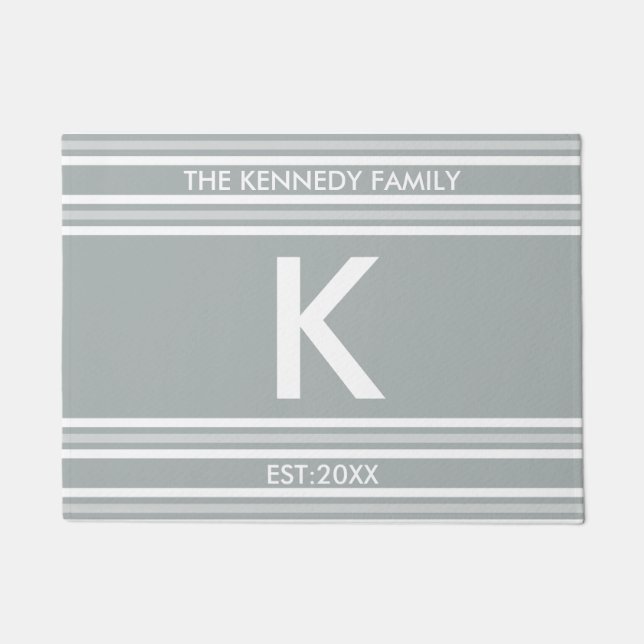 Monogramm-Anfangsfamilienname-graues Weiß-Streifen Fußmatte (Vorderseite)
