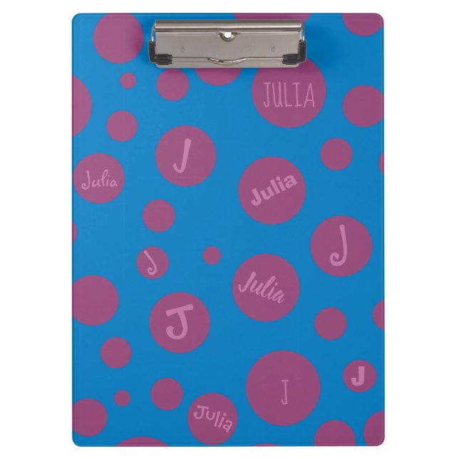 Monogramm Anfangsname Lila Dot Blue Girly Hübsch Klemmbrett (Vorderseite)
