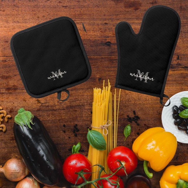 Monogramm Anfangsname Schwarz Ofenhandschuh & Topflappen-Set (Monogrammed black oven mitt and pot holder)