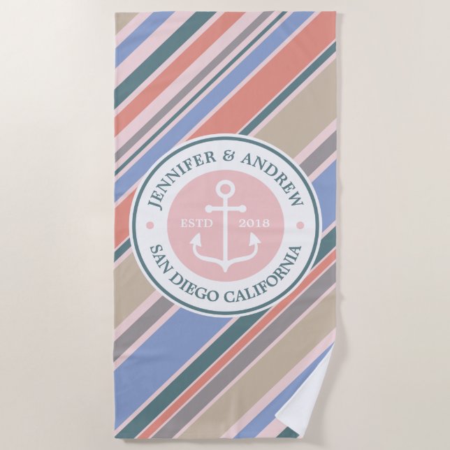 Monogramm-Anker-modische Streifen-staubiges rosa Strandtuch (Vorderseite)