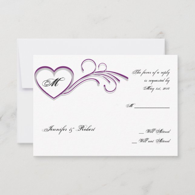 Monogramm-Antwortkarte für lila Silver Heft Scroll RSVP Karte (Vorderseite)