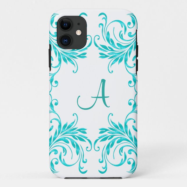 Monogramm-Aqua-Blau-Damast Case-Mate iPhone Hülle (Rückseite)
