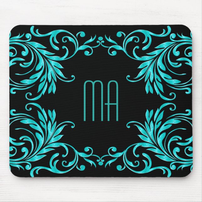 Monogramm-Aqua-Blau-Damast Mousepad (Vorne)