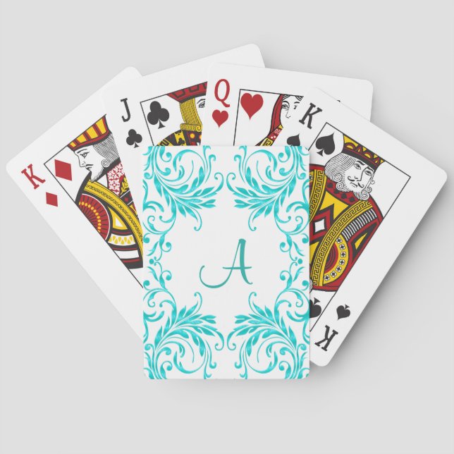 Monogramm-Aqua-blauer Damast auf Weiß Spielkarten (Rückseite)