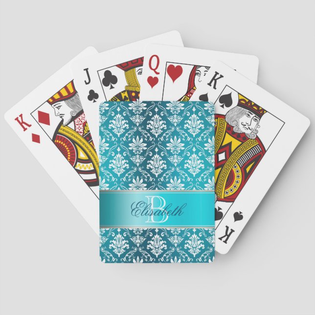 Monogramm-Aqua-blauer und weißer Damast Spielkarten (Rückseite)