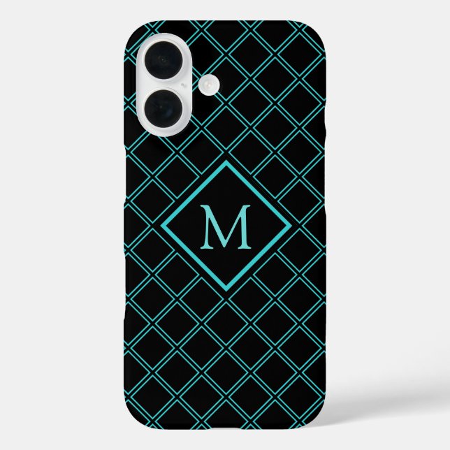 Monogramm Aqua Blue und Black Diamond iPhone 16 Hülle (Rückseite)