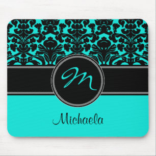 Monogramm-Aqua-Schwarz-weißer Damast Mousepad