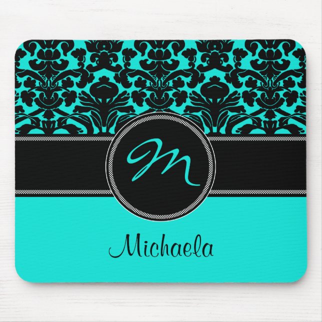 Monogramm-Aqua-Schwarz-weißer Damast Mousepad (Vorne)