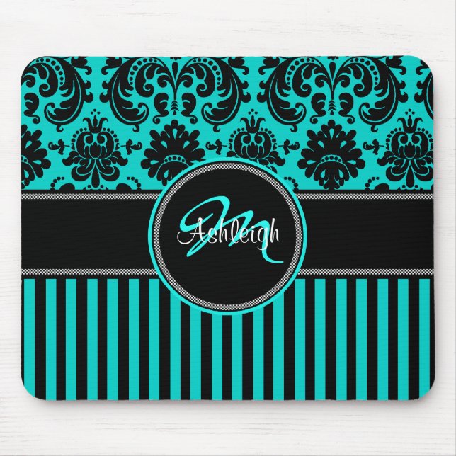 Monogramm-Aqua-Schwarz-weißer Streifen-Damast Mousepad (Vorne)