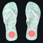Monogramm Aqua und Coral Floral Damask Flip Flops<br><div class="desc">Maßgeschneiderte,  bedruckte Flop-Sandalen mit einem eleganten,  floralen Damastmuster und einem eigenen Monogramm oder einem anderen Text in einem Kreissaal. Klicken Sie auf Anpassen,  um Schriftart und Farben zu ändern oder eigene Bilder hinzuzufügen,  um ein einzigartiges Design zu erstellen!</div>