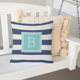 Monogramm Aqua und Navy Stripe Außenbereich Kissen Für Draußen