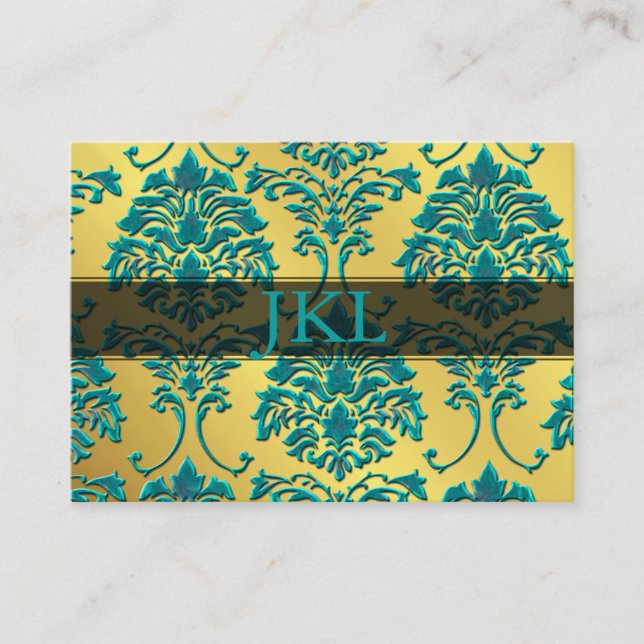 Monogramm, aquamarin auf Goldton-Damask-Chubby-Kar Visitenkarte (Vorderseite)