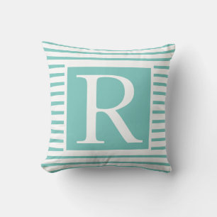 Monogramm Aquamarin Blaue Streifen Name Geschenk V Kissen