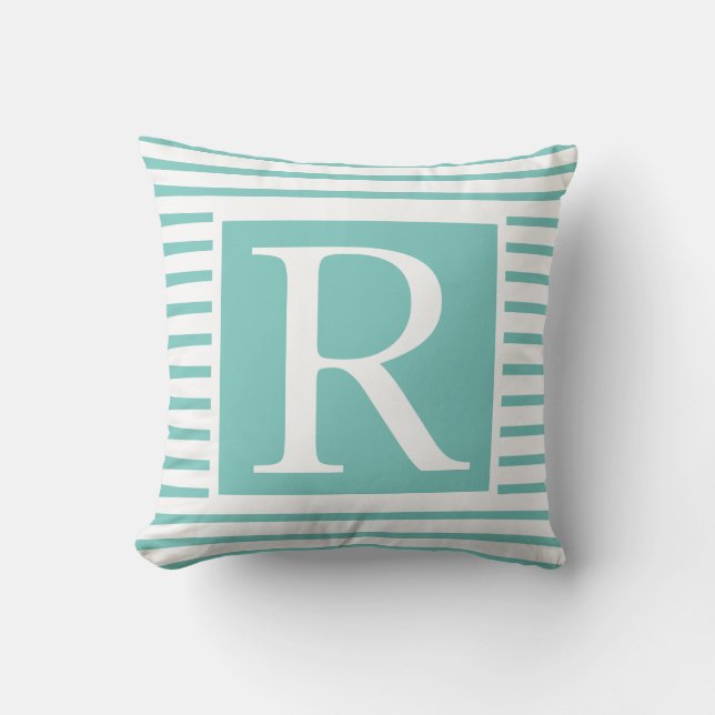 Monogramm Aquamarin Blaue Streifen Name Geschenk V Kissen (Vorderseite)
