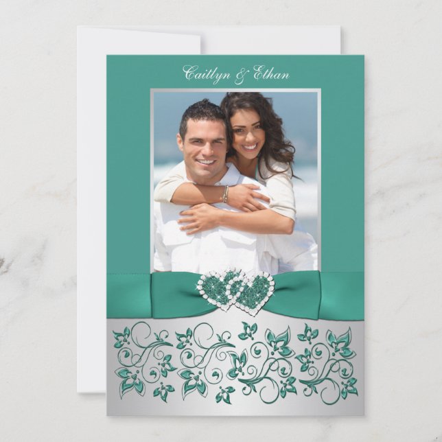 Monogramm Aquamarin, Silver Floral Wedding Einladu Einladung (Vorderseite)