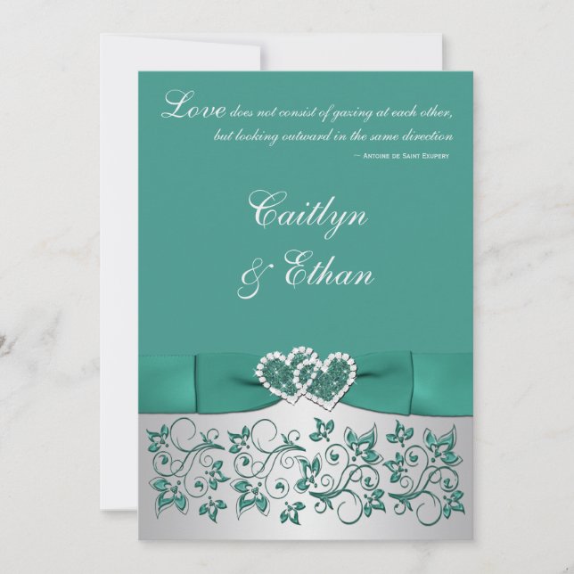 Monogramm Aquamarin, Silver Floral Wedding Einladu Einladung (Vorderseite)