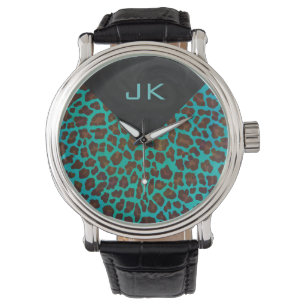 Monogramm Aquamarin und braun Leopard Armbanduhr