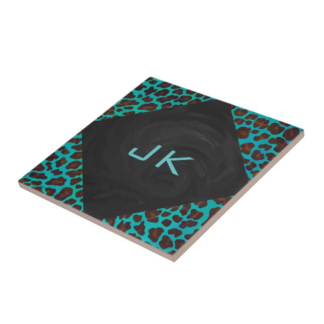 Monogramm Aquamarin und braun Leopard Fliese (Seite)