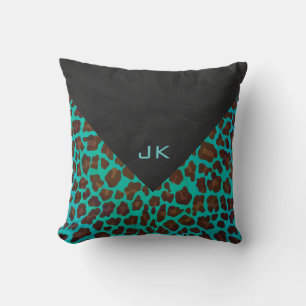 Monogramm Aquamarin und braun Leopard Kissen