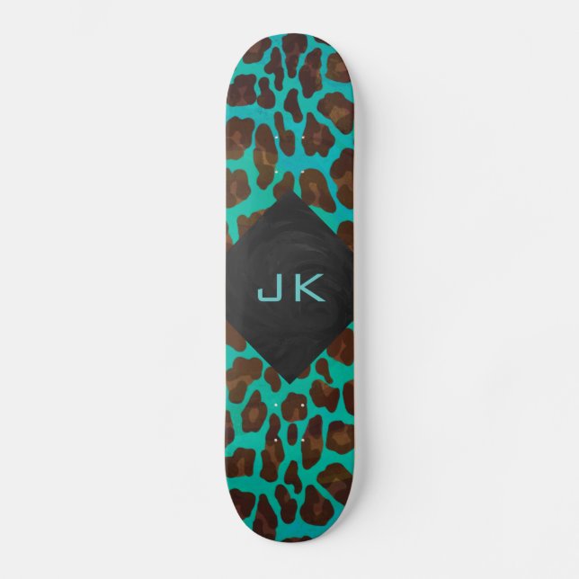 Monogramm Aquamarin und braun Leopard Skateboard (Vorderseite)