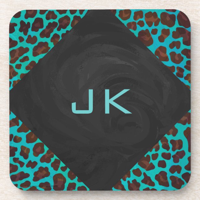 Monogramm Aquamarin und braun Leopard Untersetzer (Vorderseite)