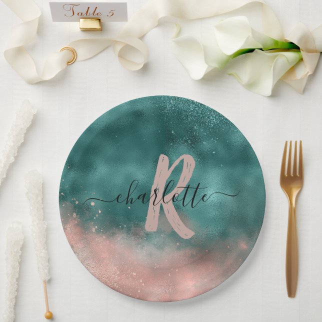Monogramm Aquamarin und weich rosa Ombre-Folie Pappteller (Hochzeit)
