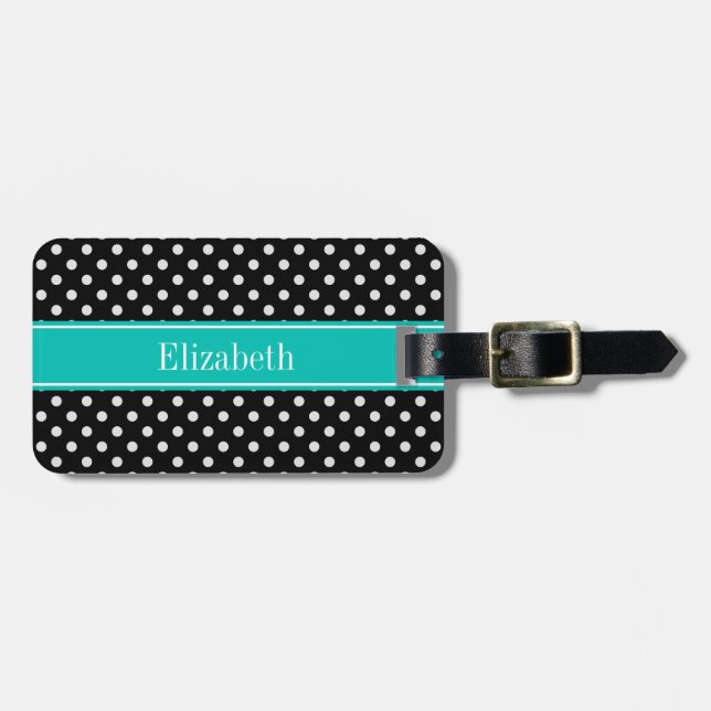Monogramm Aquamarine schwarze und weiße Polka-Dose Gepäckanhänger (Vorderseite horizontal)