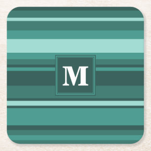 Monogramm aquamarine Streifen Rechteckiger Pappuntersetzer