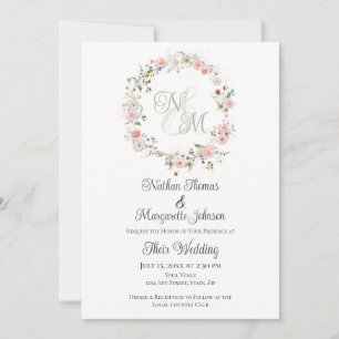 Monogramm Aquarell Blumenkranz Hochzeit Einladung