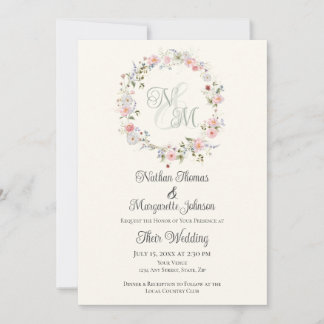 Monogramm Aquarell Blumenkranz Hochzeit Einladung