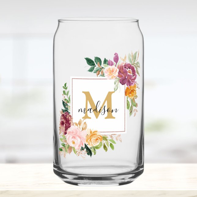 Monogramm Aquarell Farbige Rose Blume Blumenmuster Dosenglas (In situ)