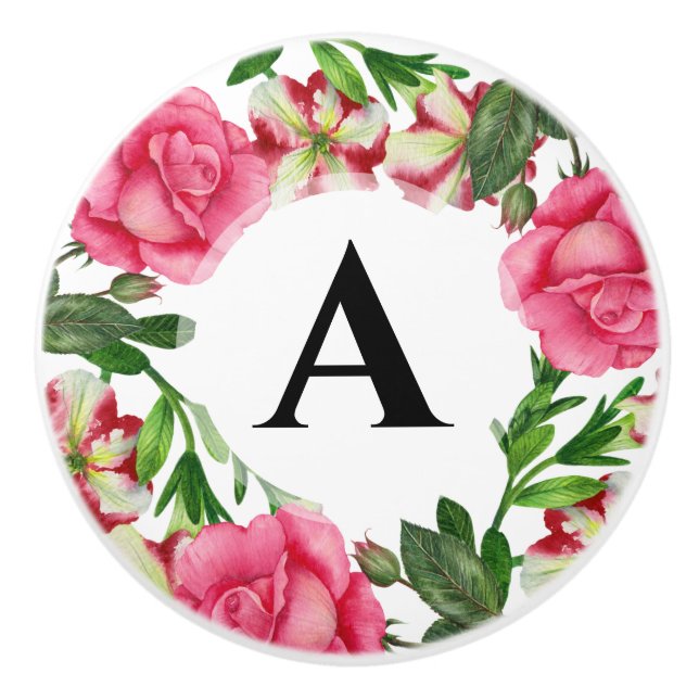 Monogramm Aquarellfarbe Rosa Blumenkronenfarbe Keramikknauf (Vorderseite)