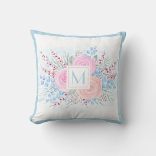 Monogramm Aquarellfarben Pastellfarben Rosa Rosen  Kissen