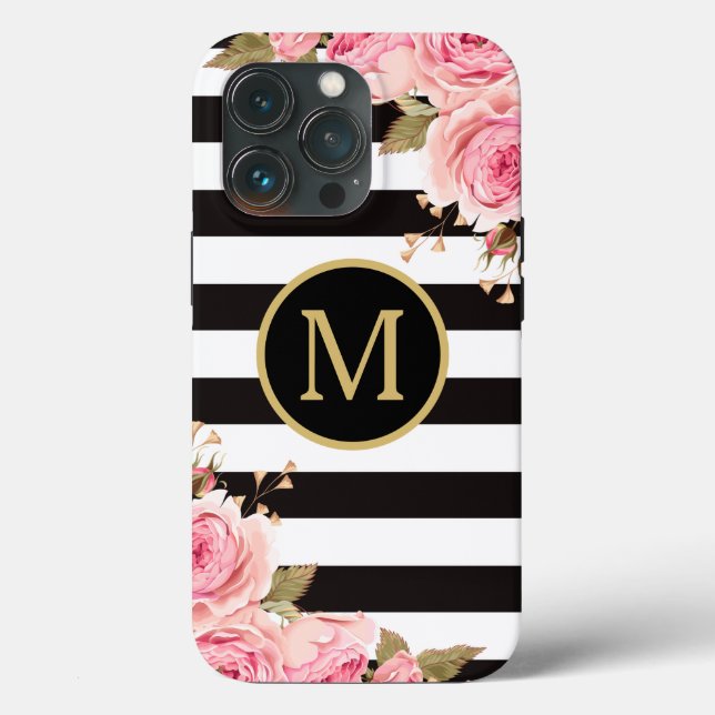 Monogramm: Aquarellfarben, schwarz und weiß Streif Case-Mate iPhone Hülle (Rückseite)