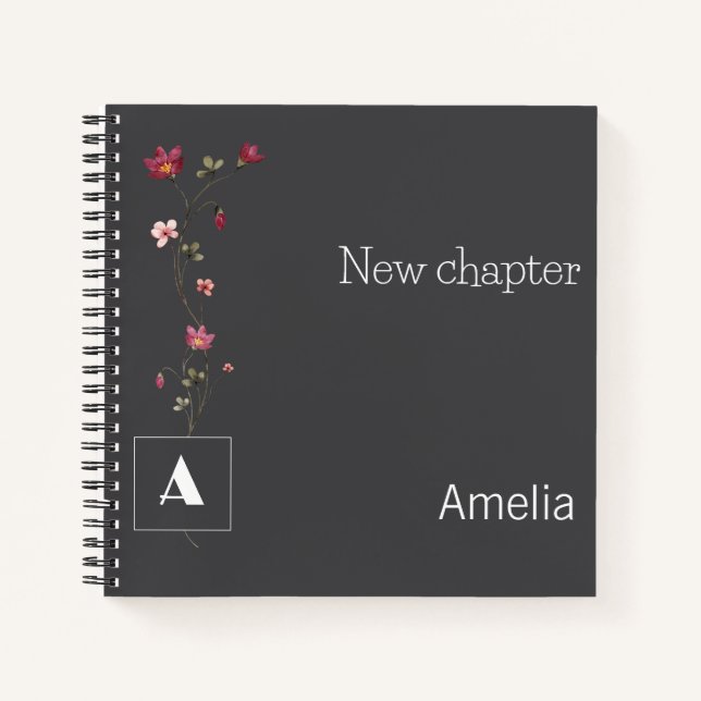 Monogramm Aquarellfarbenflorname Grau Notizbuch (Vorderseite)