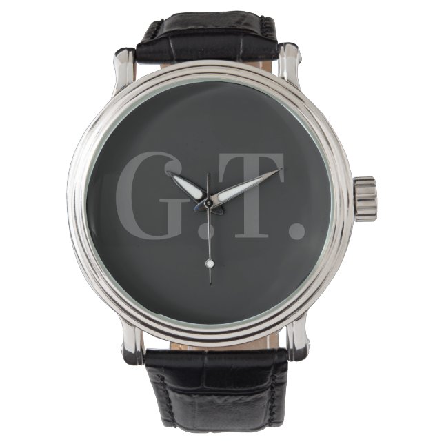 Monogramm-Armbanduhr aus schwarzem Leder Armbanduhr (Vorderseite)